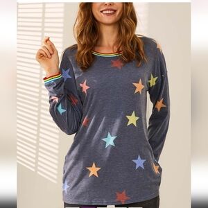 Navy Star Rainbow Stripe-Trim Relaxed-Fit Crewneck Sweater
